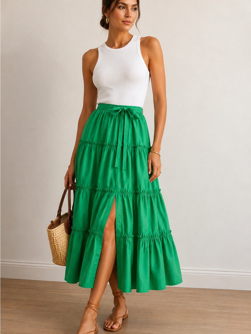 Jason Wu Collection Emerald Green Tiered Midi Skirt NWT Sz L